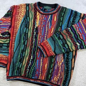 Vintage Tundra Canada Sweater Men Medium Coogi Style Multicolor 3D Knit Abstract